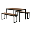 3 Piece Dining Table Set- 2 Benches- Brown Wood Grain Top- Black Metal