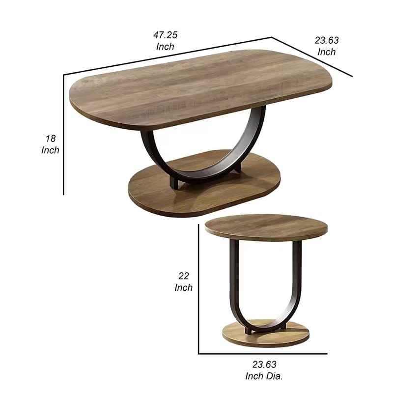 Obin 3 Piece Coffee and End Table Set- Brown MDF- Black U Shape Steel Base