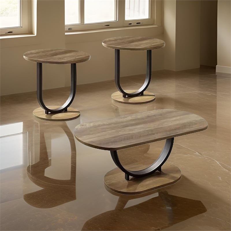 Obin 3 Piece Coffee and End Table Set- Brown MDF- Black U Shape Steel Base