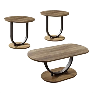 Obin 3 Piece Coffee and End Table Set- Brown MDF- Black U Shape Steel Base