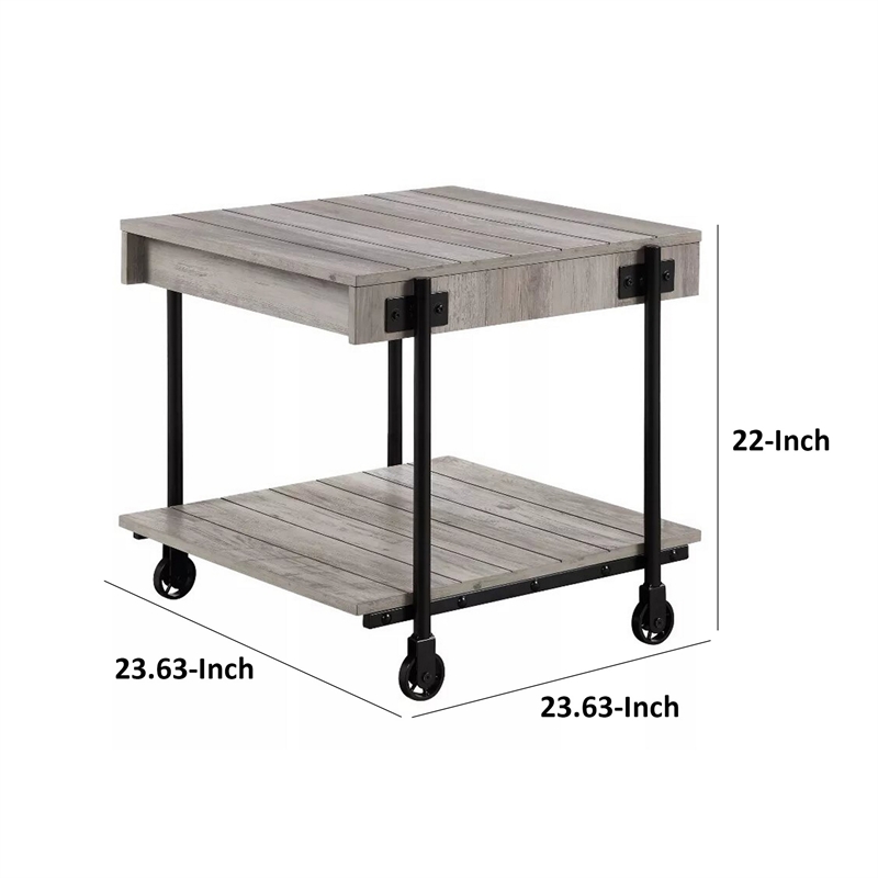 Loak 24 Inch Side End Table- Plank Design- Caster Wheels- Brown- Black