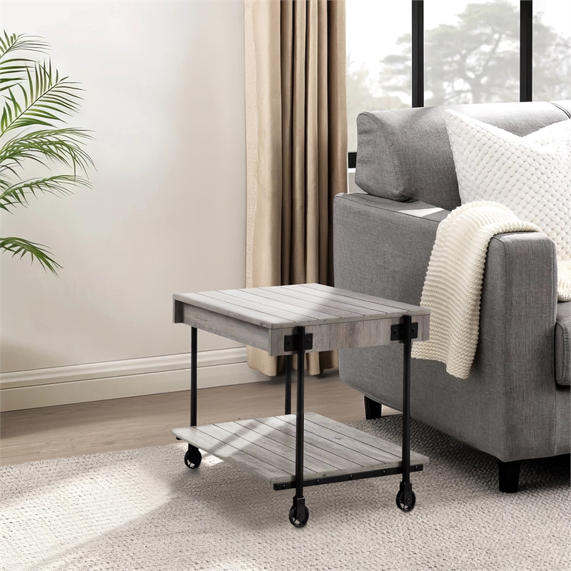 Loak 24 Inch Side End Table- Plank Design- Caster Wheels- Brown- Black