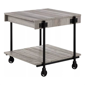 Loak 24 Inch Side End Table- Plank Design- Caster Wheels- Brown- Black