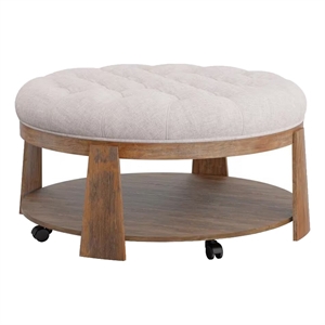 Gus 41 Inch Ottoman Coffee Table- Button Tufted Beige Fabric- Brown Wood