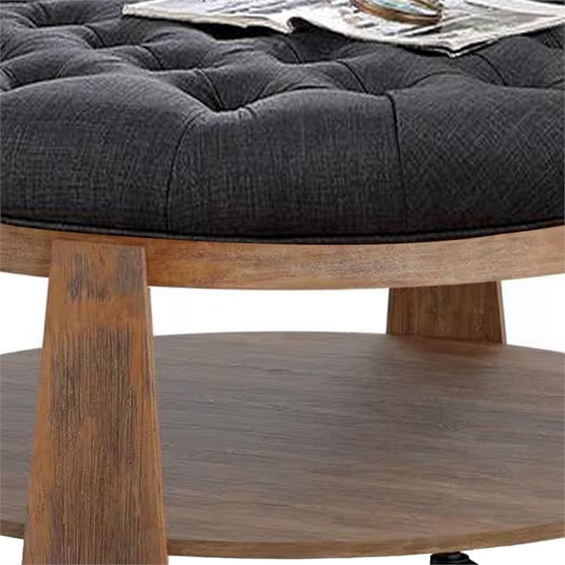 Gus 41 Inch Ottoman Coffee Table- Button Tufted Gray Fabric- Brown Wood