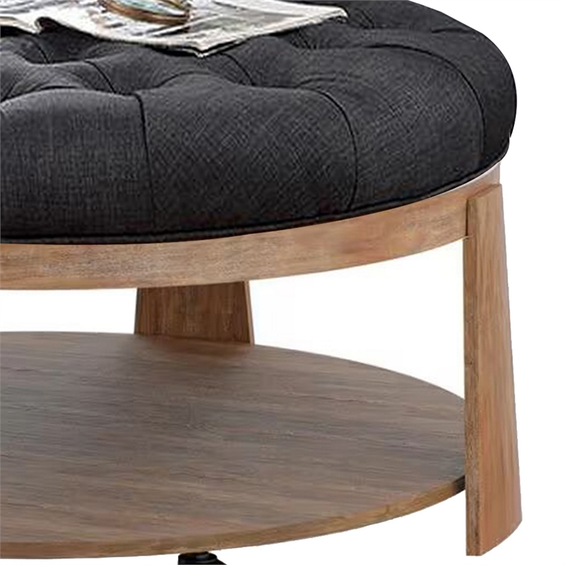 Gus 41 Inch Ottoman Coffee Table- Button Tufted Gray Fabric- Brown Wood