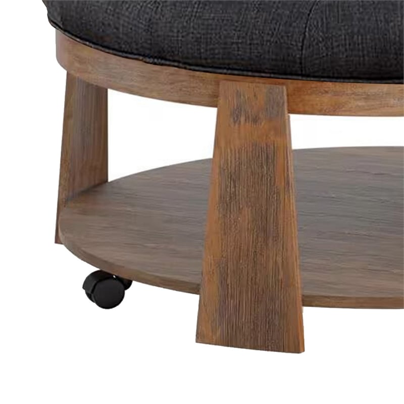 Gus 41 Inch Ottoman Coffee Table- Button Tufted Gray Fabric- Brown Wood