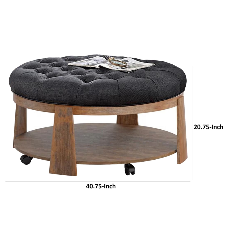 Gus 41 Inch Ottoman Coffee Table- Button Tufted Gray Fabric- Brown Wood