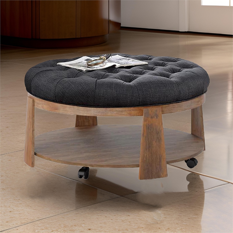 Gus 41 Inch Ottoman Coffee Table- Button Tufted Gray Fabric- Brown Wood