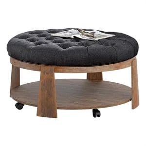 Gus 41 Inch Ottoman Coffee Table- Button Tufted Gray Fabric- Brown Wood