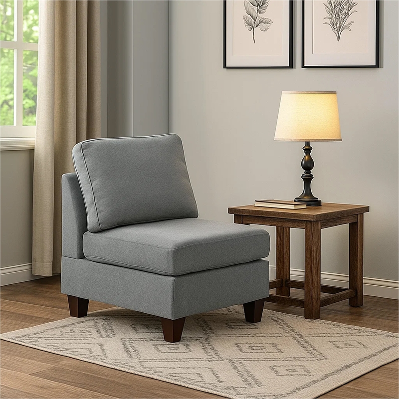 Remy 32 Inch Modular Armless Sofa Chair- Soft Gray Chenille- Solid Wood