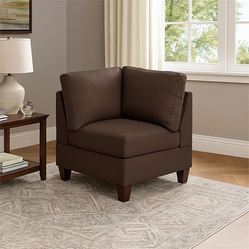 Remy 32 Inch Modular Corner Sofa Chair- Soft Brown Chenille- Solid Wood