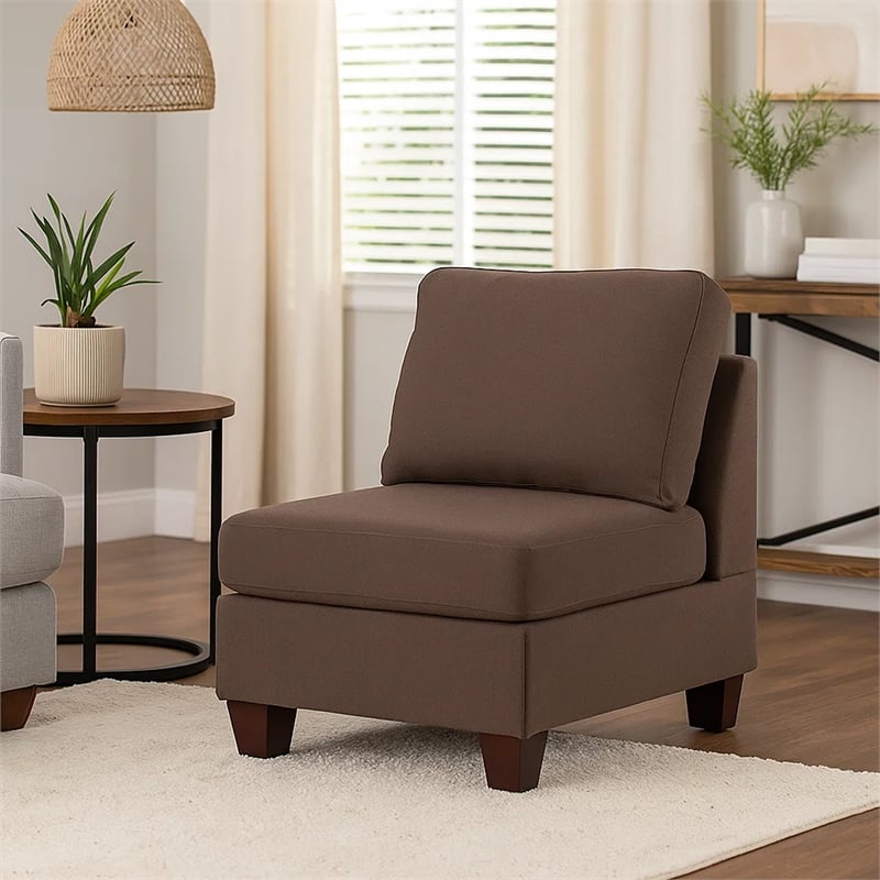 Remy 32 Inch Modular Armless Sofa Chair- Soft Brown Chenille- Solid Wood