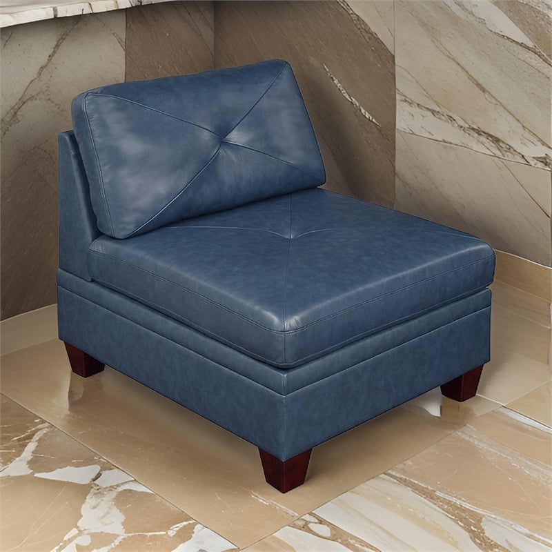 Samy 37 Inch Modular Armless Sofa Chair- Blue Faux Leather- Solid Wood