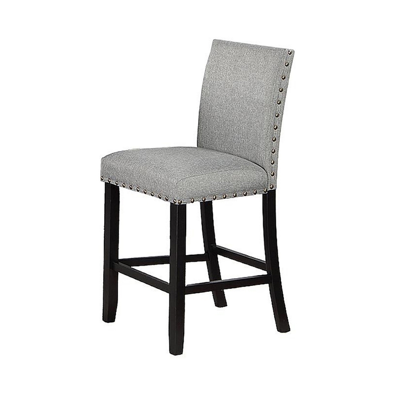 Sie 24 Inch Counter Height Chairs-Set of 2-Nailhead Trim-Gray Fabric-Black Wood