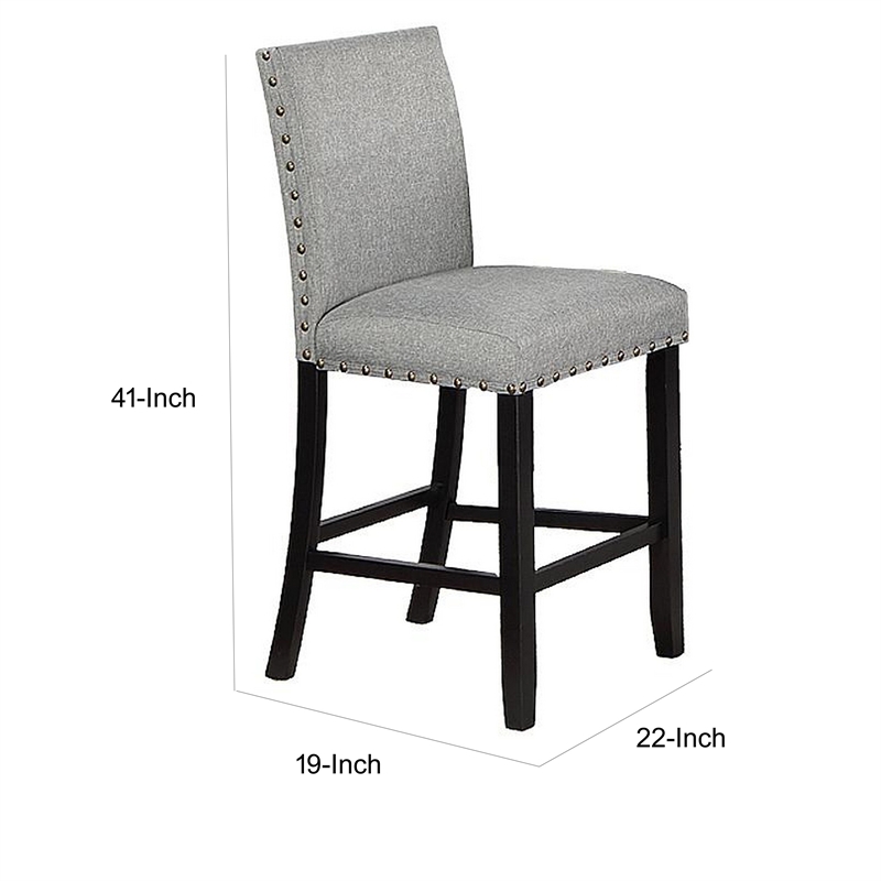 Sie 24 Inch Counter Height Chairs-Set of 2-Nailhead Trim-Gray Fabric-Black Wood