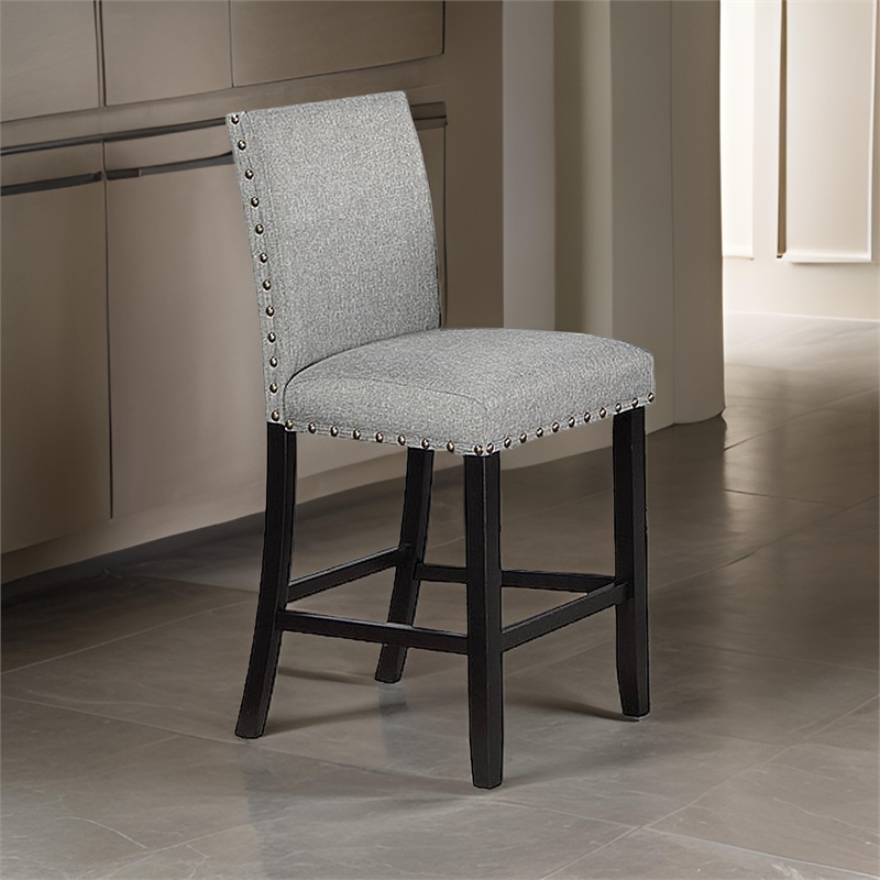 Sie 24 Inch Counter Height Chairs-Set of 2-Nailhead Trim-Gray Fabric-Black Wood