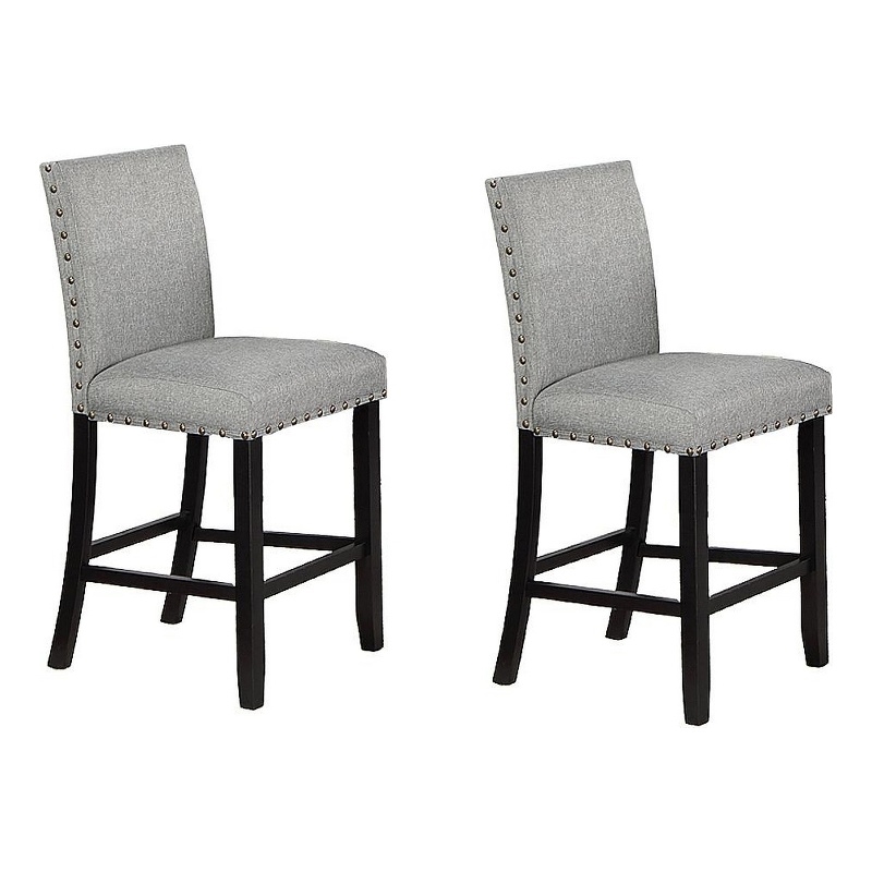 Sie 24 Inch Counter Height Chairs-Set of 2-Nailhead Trim-Gray Fabric-Black Wood