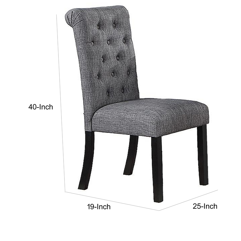 Jie 25 Inch Dining Chairs-Set of 2-Tufted Gray Upholstery-Rolled Top-Black Wood