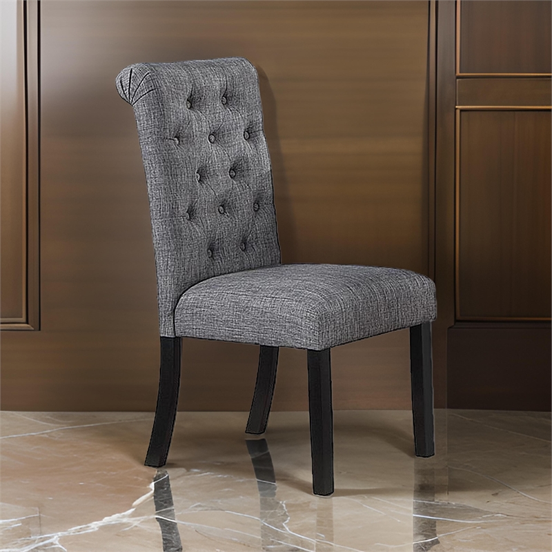 Jie 25 Inch Dining Chairs-Set of 2-Tufted Gray Upholstery-Rolled Top-Black Wood