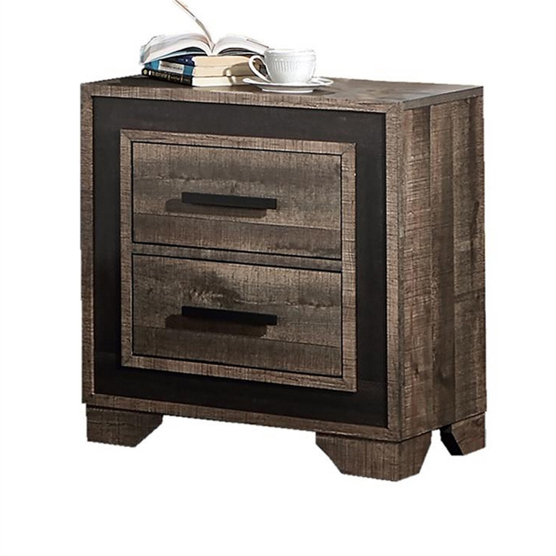 Nny 26 Inch Nightstand with 2 Drawers- Black Handles- Brown Wood Finish