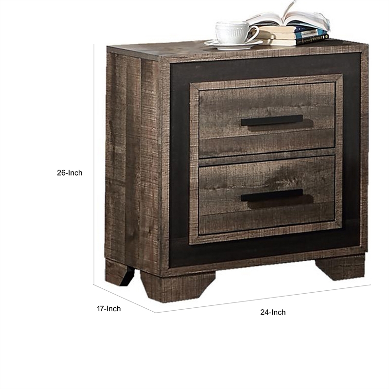 Nny 26 Inch Nightstand with 2 Drawers- Black Handles- Brown Wood Finish