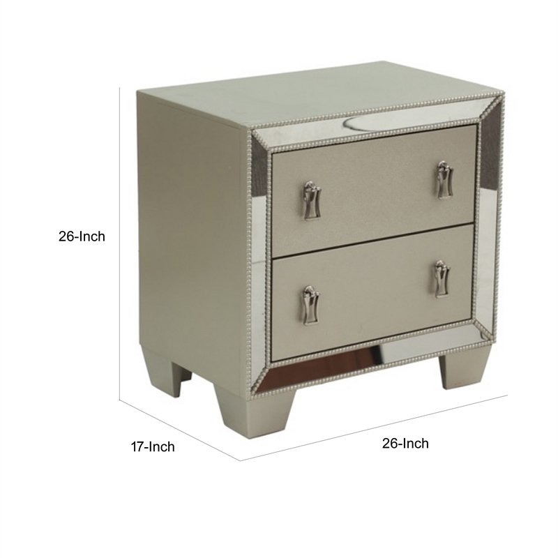 Dem 26 Inch Nightstand with 2 Drawers- Platinum Trim- Silver Wood Finish