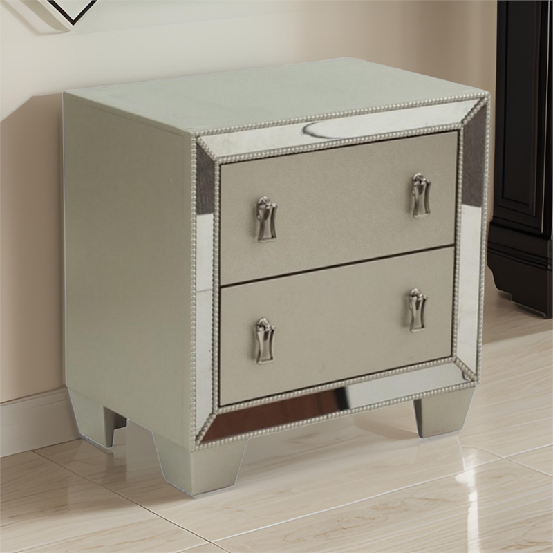 Dem 26 Inch Nightstand with 2 Drawers- Platinum Trim- Silver Wood Finish