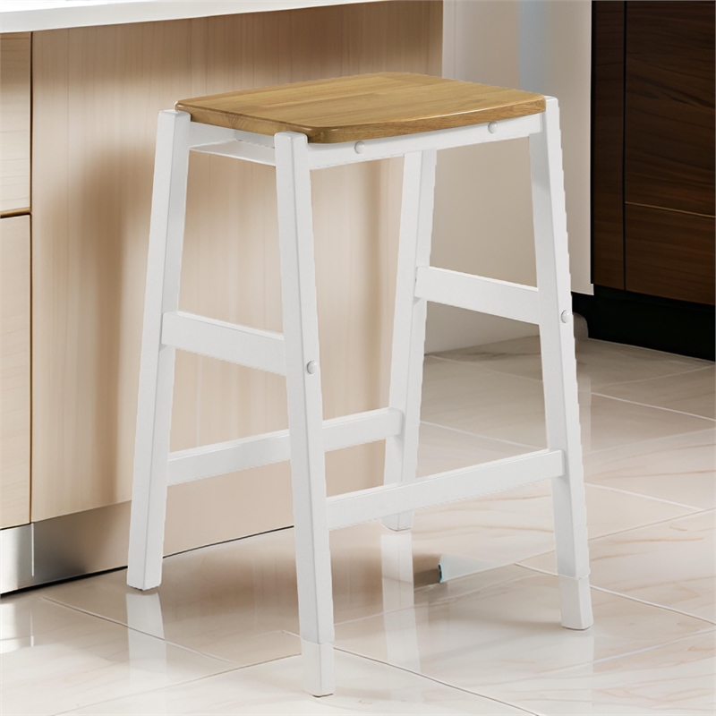 Hoa 24 Inch Counter Height Stool Set of 2- Footrest- White Brown Solid Wood