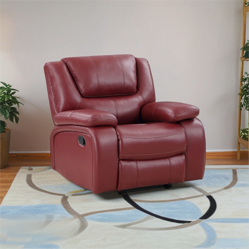 Mila 38 Inch Manual Recliner Accent Sofa Chair- Red Faux Leather- Wood