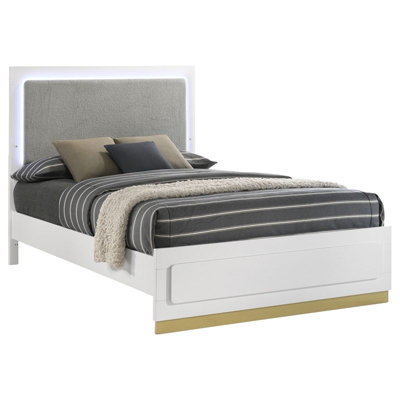 Caer Queen Size Bed- LED Panel Tall Headboard- Gray Upholstery- White Okume