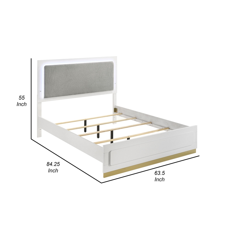Caer Queen Size Bed- LED Panel Tall Headboard- Gray Upholstery- White Okume