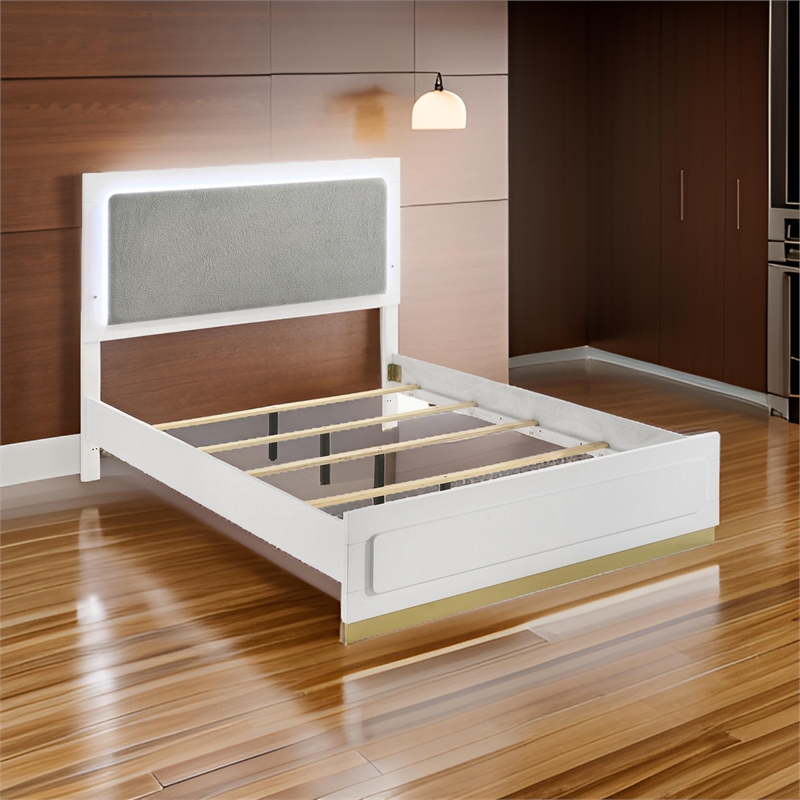 Caer Queen Size Bed- LED Panel Tall Headboard- Gray Upholstery- White Okume