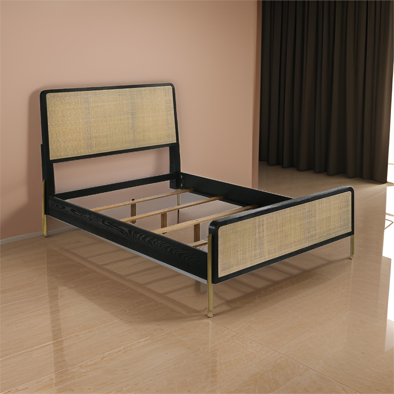 Fij Queen Size Bed- Natural Rattan Woven Panel Headboard- Gold Legs- Black