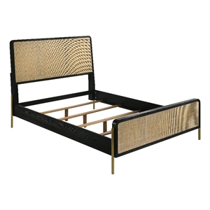 Fij Queen Size Bed- Natural Rattan Woven Panel Headboard- Gold Legs- Black