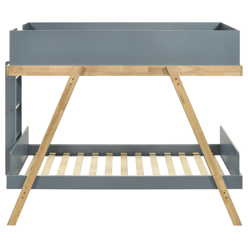 Anky Twin Size Bunk Bed- Brown Wood Frame- 3 Side Panel Security- Blue