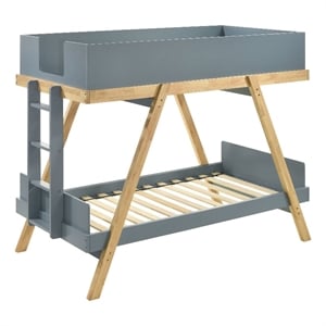 Anky Twin Size Bunk Bed- Brown Wood Frame- 3 Side Panel Security- Blue