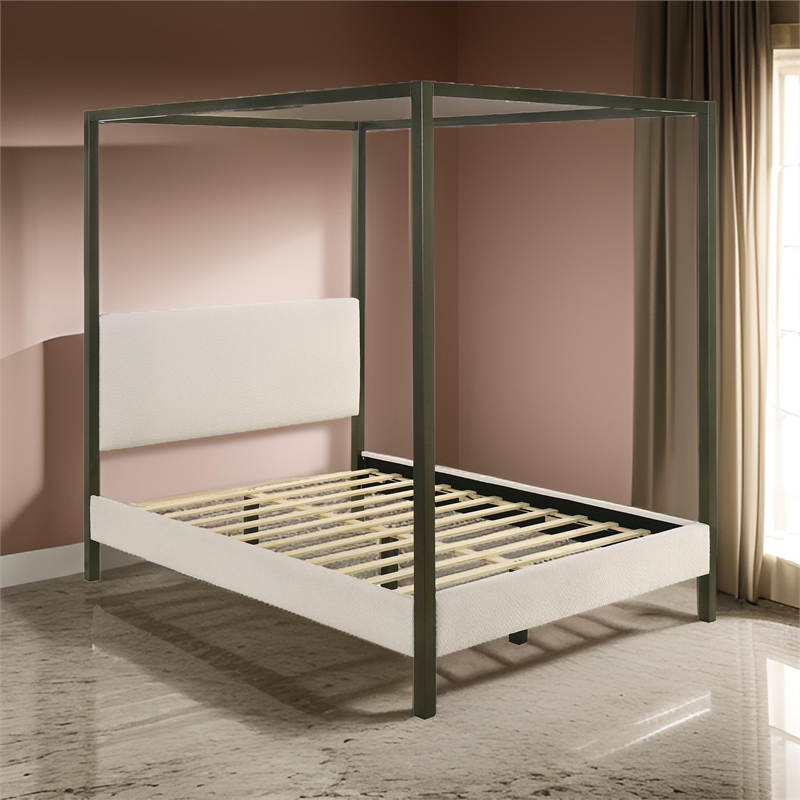 Rey Queen Size Canopy Bed- Padded Headboard- 4 Post Frame- Ivory Upholstery