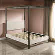 Rey Queen Size Canopy Bed- Padded Headboard- 4 Post Frame- Ivory Upholstery