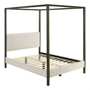 Rey Queen Size Canopy Bed- Padded Headboard- 4 Post Frame- Ivory Upholstery