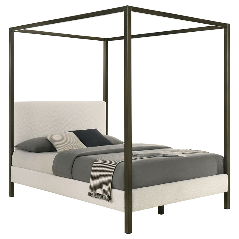 Rey King Size Canopy Bed- Padded Headboard- 4 Post Frame- Ivory Upholstery