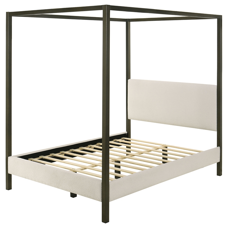 Rey King Size Canopy Bed- Padded Headboard- 4 Post Frame- Ivory Upholstery