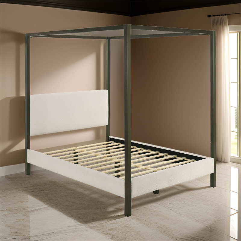 Rey King Size Canopy Bed- Padded Headboard- 4 Post Frame- Ivory Upholstery