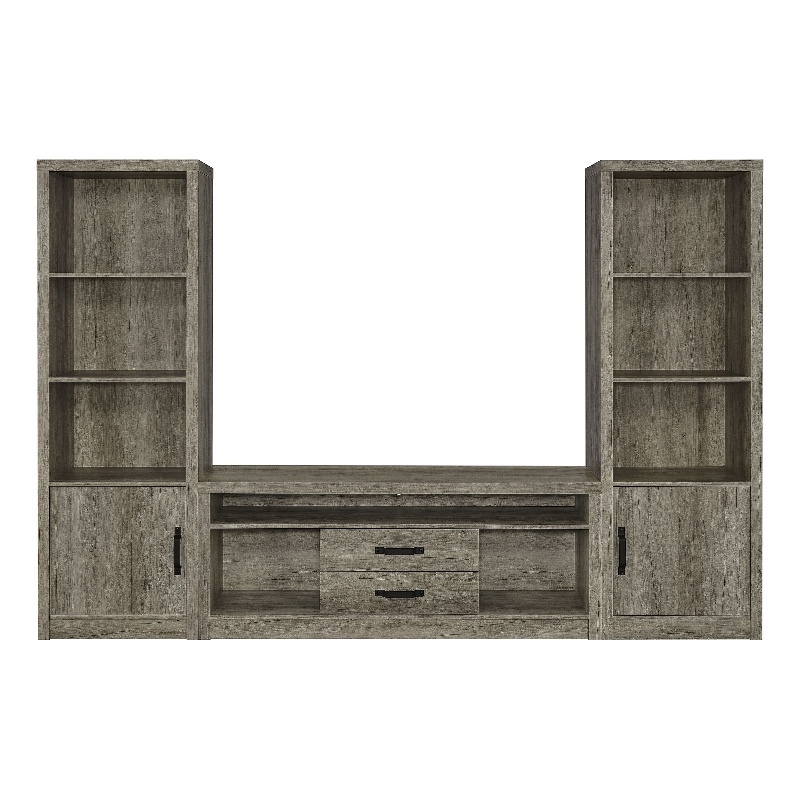 TV Entertainment Console with 2 Media Tower- 8 Compartments- Driftwood Gray