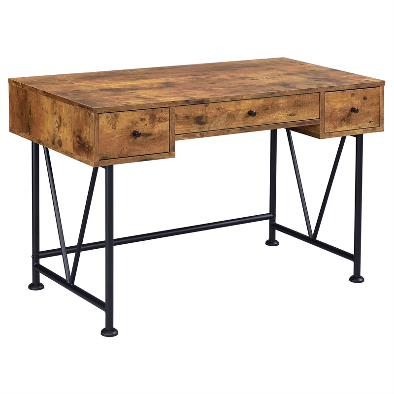 2 Piece Writing Desk with Bookshelf Unit- Rustic Brown- Black Metal Frame