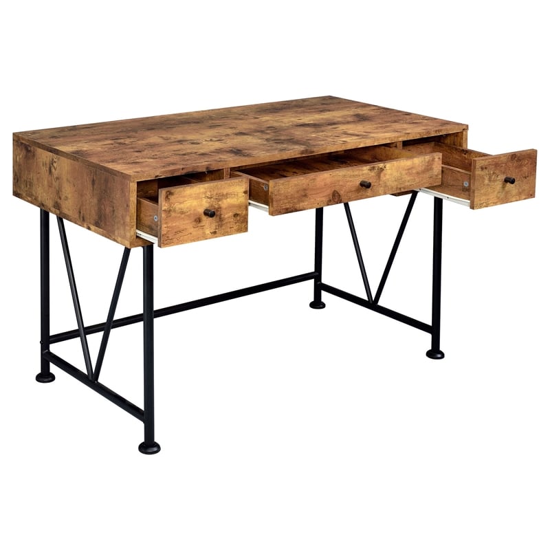 2 Piece Writing Desk with Bookshelf Unit- Rustic Brown- Black Metal Frame