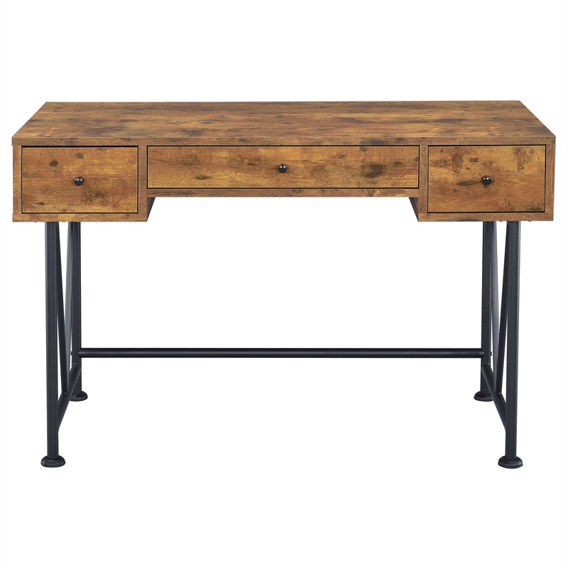 2 Piece Writing Desk with Bookshelf Unit- Rustic Brown- Black Metal Frame