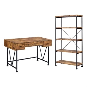 2 Piece Writing Desk with Bookshelf Unit- Rustic Brown- Black Metal Frame