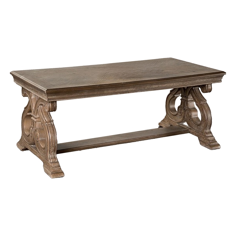 Gia Coffee Table- 52 Inch Rectangular Top- Carved Details- Brown Solid Wood