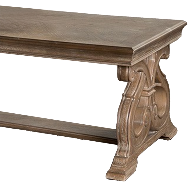 Gia Coffee Table- 52 Inch Rectangular Top- Carved Details- Brown Solid Wood